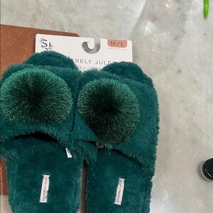 Green Fuzzy Slippers with Pom Poms